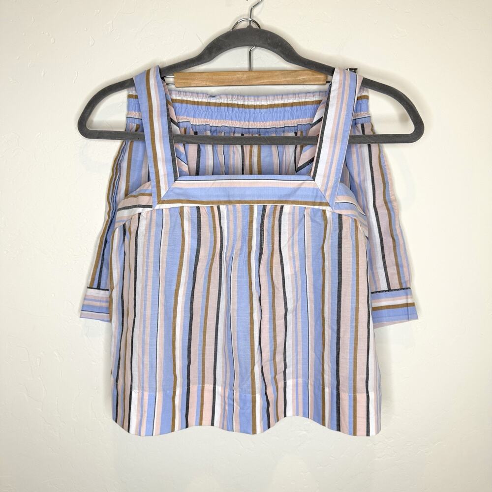 Caroline Constas Top Shorts Set Blue Striped Womens Large Square Neck